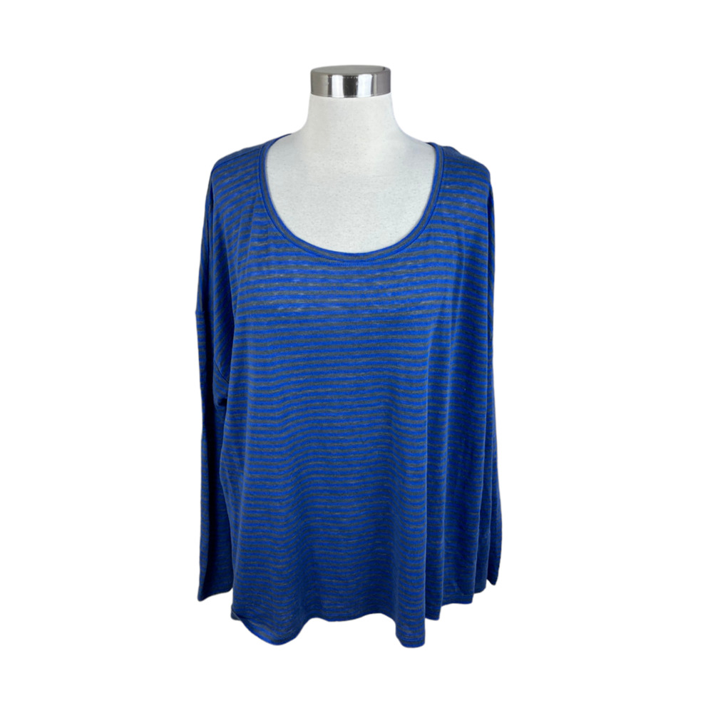 Eileen Fisher Blue Gray Stripe 100% Linen Top Size XL Oversized